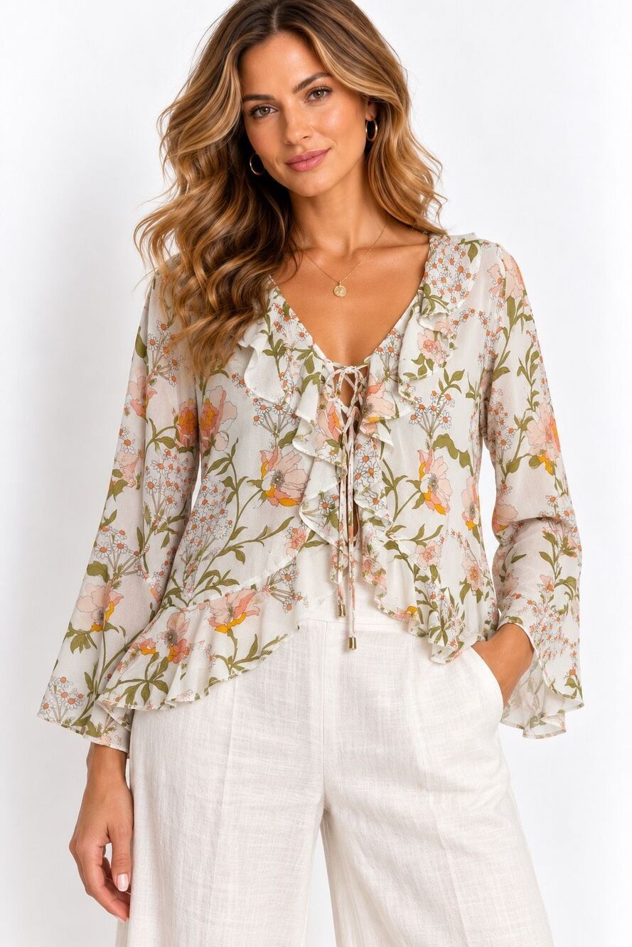 ONeill Floral Ruffle Front Tie Blouse Long Sleeve Peplum Top Size S